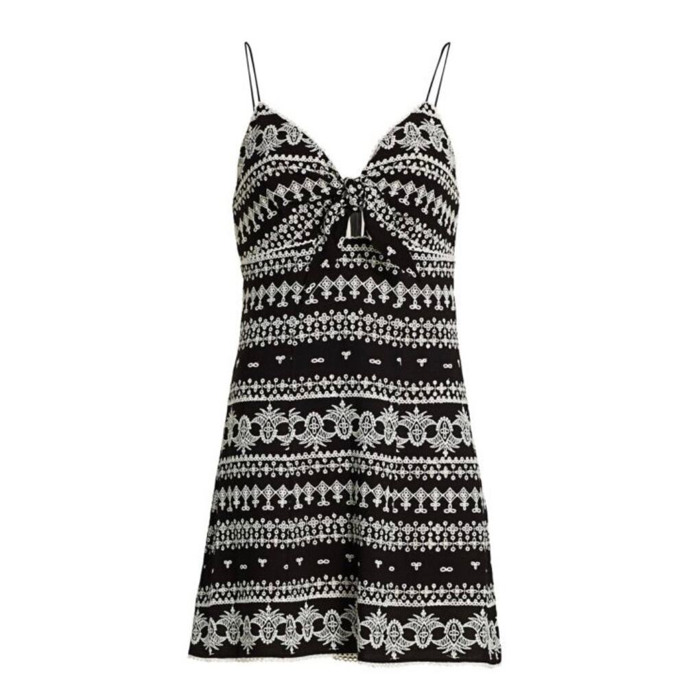 Alice + Olivia Roe Embroidered Tie-Front Mini Dress Black & White Size 10 NEW
